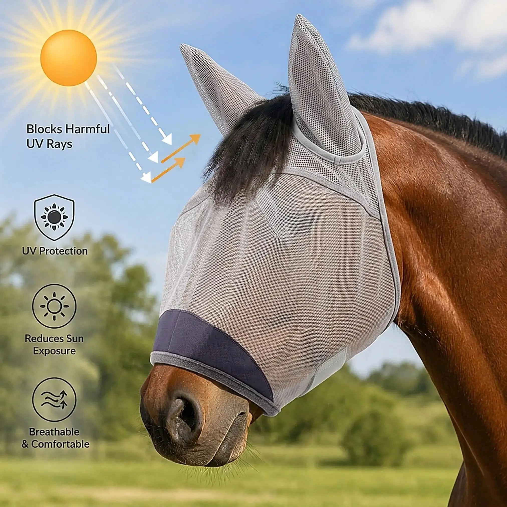 Horse Fly Mask, Super Comfort Fly Masks for Horses, Adjustable UV Protection Breathability Horses Fly Masks with Ears, Pony Mini Equine Fly Mask for Miniature Foal Draft Cob Srabian Full by Animal-Gifts