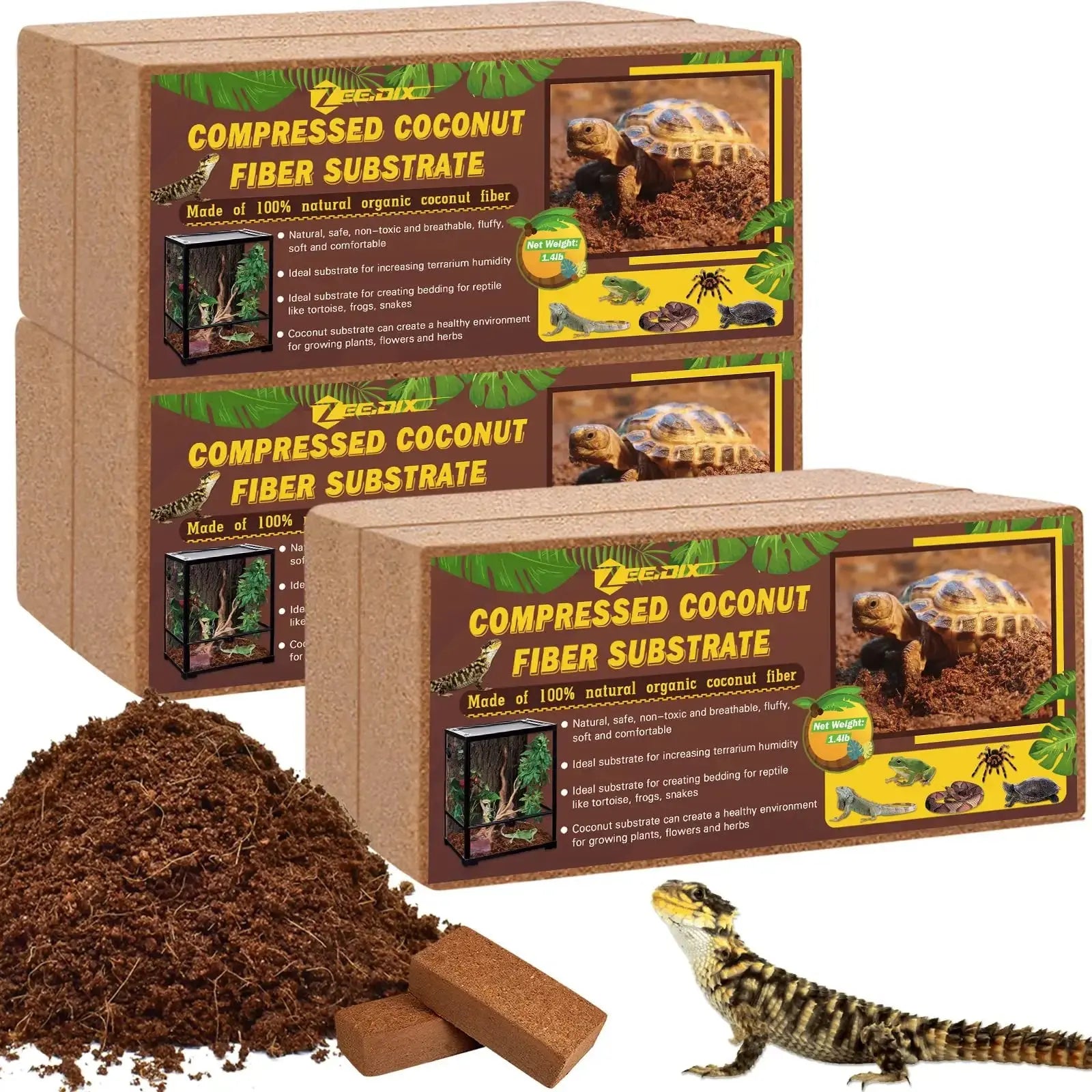 ZeeDix Coconut Fiber Substrate, 100% Organic Coconut Husk Coco Coir Brick Terrarium Bedding for Reptiles, Tortoise, Bearded Dragon, Leopard Gecko, Snake, Hermit Crabs, Frogs, Tarantula by ZeeDix