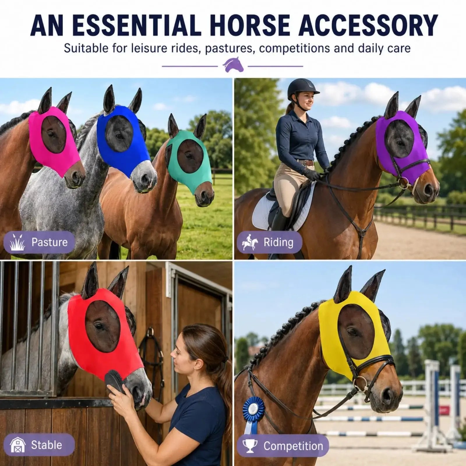 Sanwuta Horse Fly Masks with Ears, Breathable Mesh UV Protection Horse Face Masks, Soft Elastic Comfortable Fit for Riding Outdoor Summer Supplies Bulk by Sanwuta