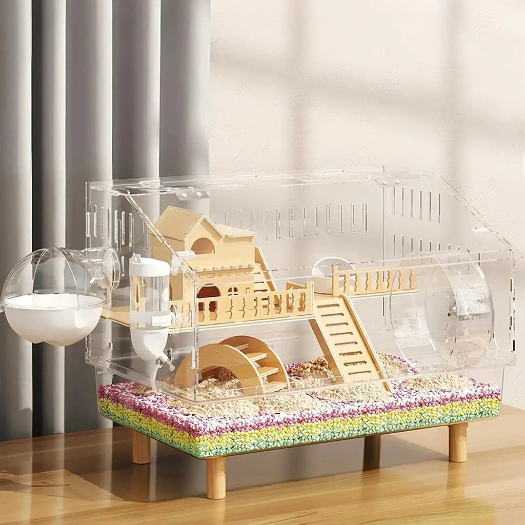 Acrylic Hamster Cage 2 Tier Habitat with Accessories Transparent Small Pets by Wags & Whiskers Pet Supply