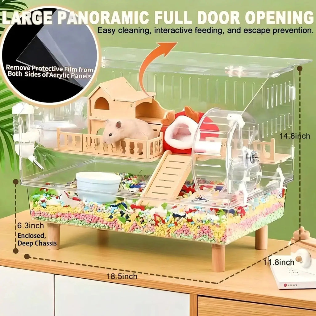 Acrylic Hamster Cage 2 Tier Habitat with Accessories Transparent Small Pets by Wags & Whiskers Pet Supply