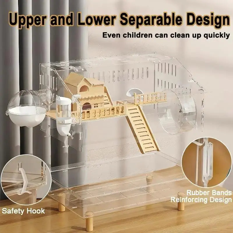 Acrylic Hamster Cage 2 Tier Habitat with Accessories Transparent Small Pets by Wags & Whiskers Pet Supply