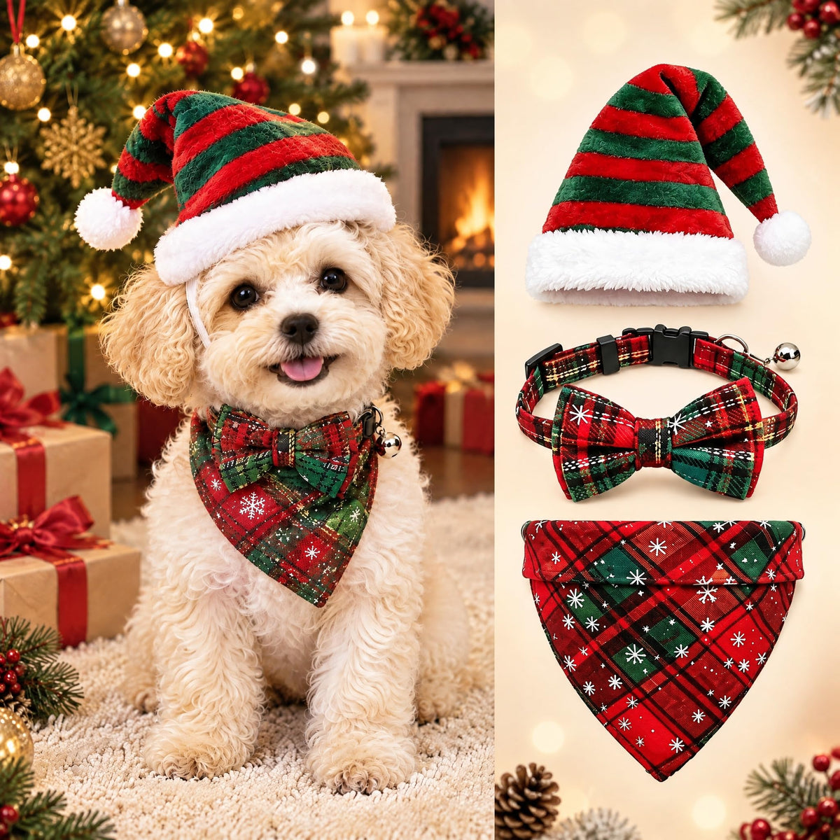 Christmas Dog Costume Set, Dog Christmas Outfit with Hat Bowtie and Bandana