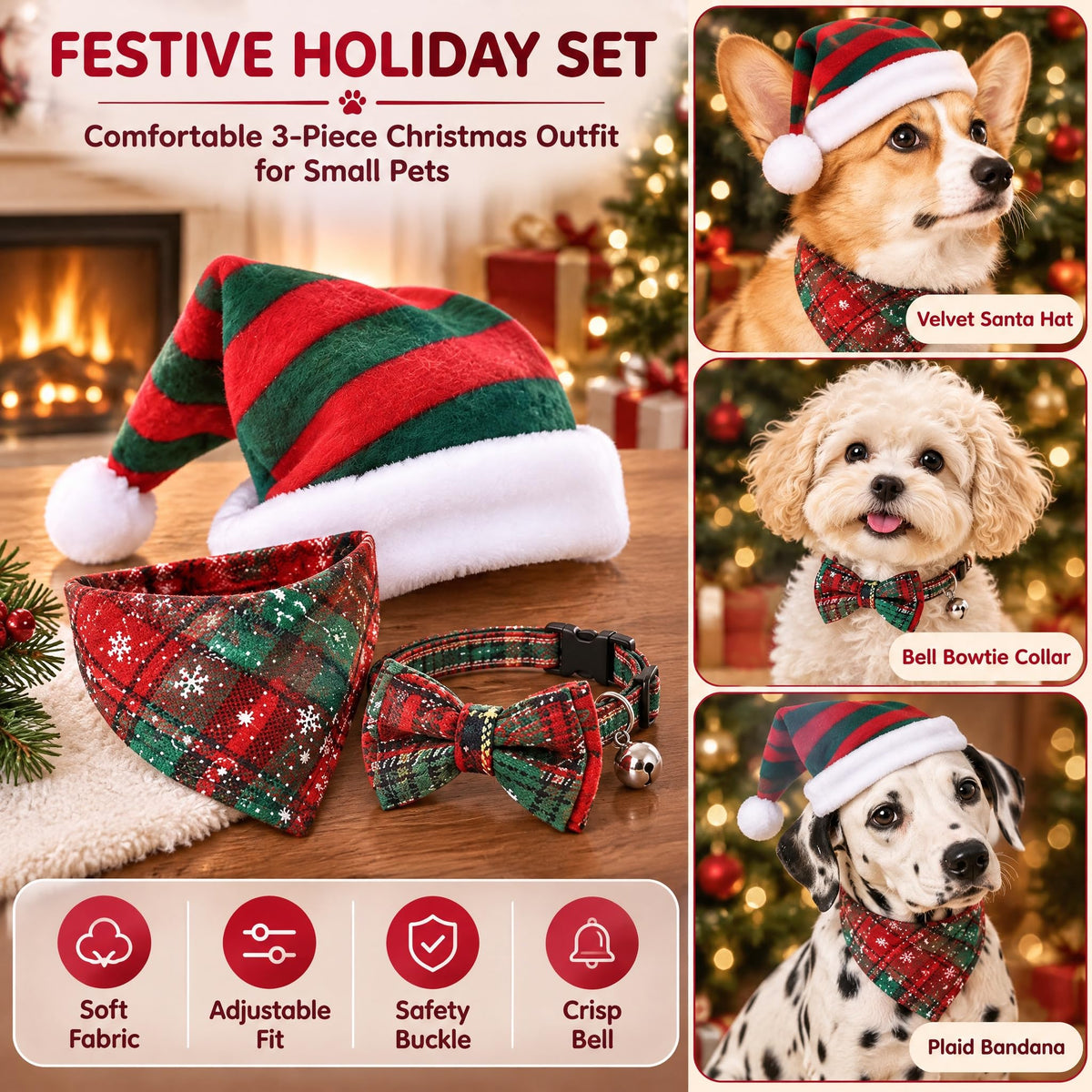 Christmas Dog Costume Set, Dog Christmas Outfit with Hat Bowtie and Bandana