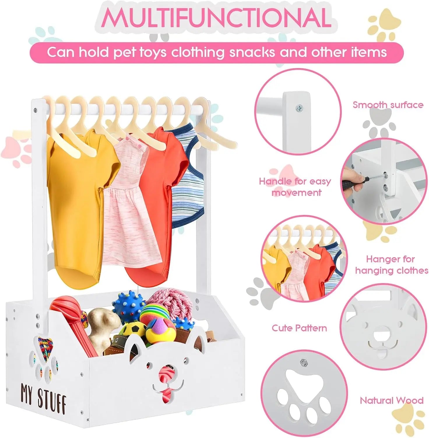 Dog Storage Organizer Wooden Closet Toy Bin Clothes Rack Hangers Pink/White Wags & Whiskers Pet Supply