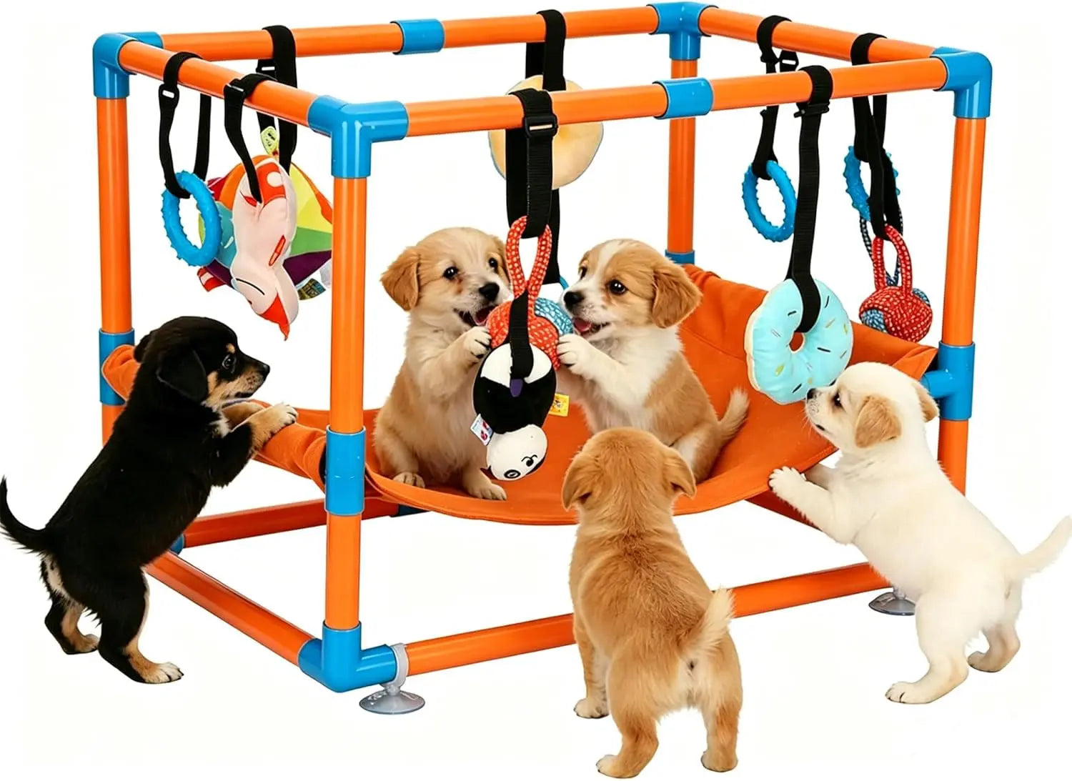 Indoor Puppy Play Gym with Hammock 8 Toys Dog Enrichment Activity Center Wags & Whiskers Pet Supply