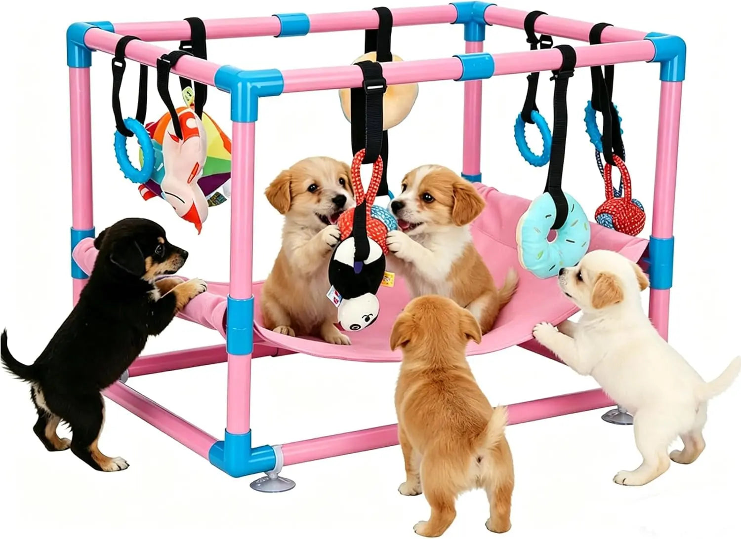 Indoor Puppy Play Gym with Hammock 8 Toys Dog Enrichment Activity Center Wags & Whiskers Pet Supply