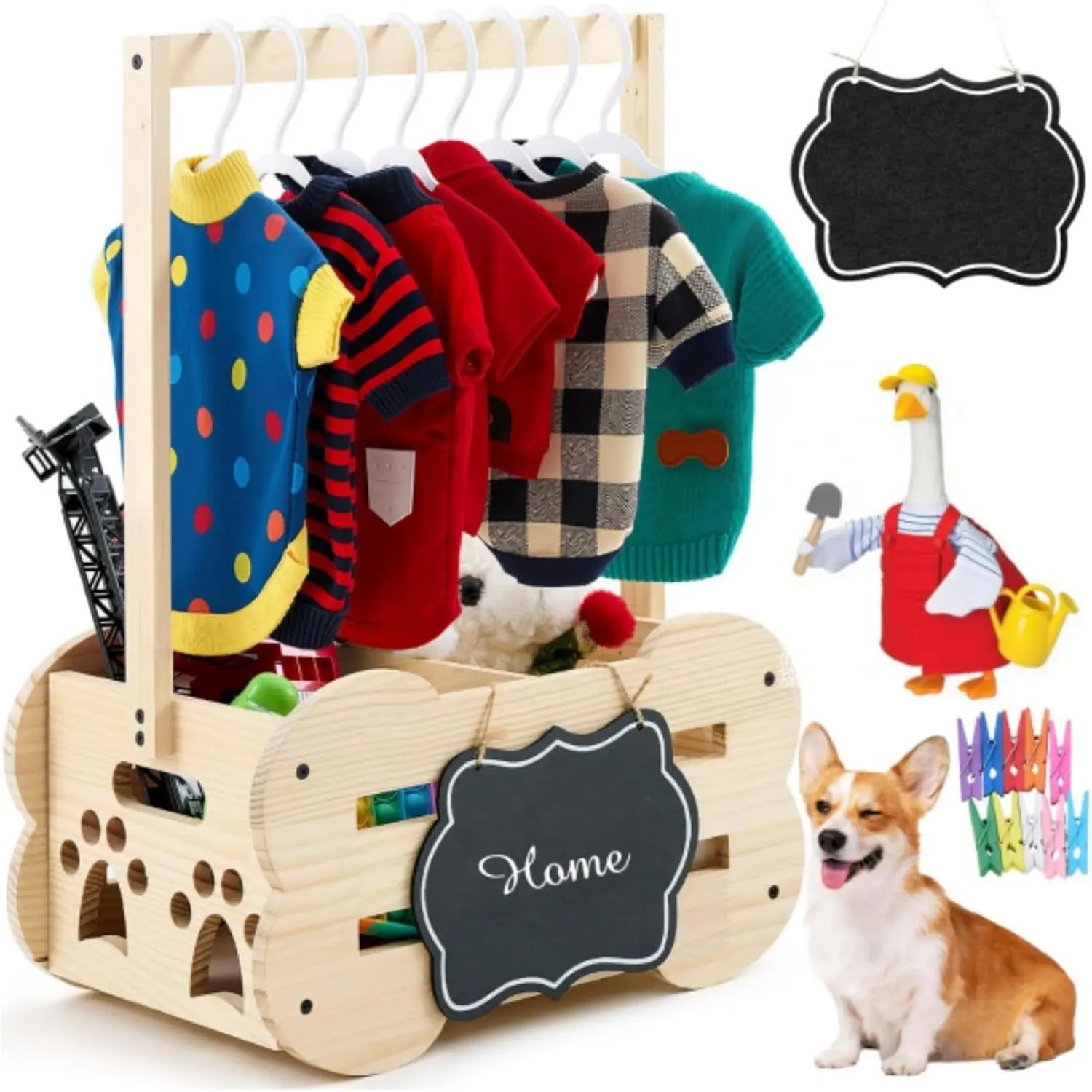 Dog Storage Organizer Wooden Closet Toy Clothes Rack Hangers 20in Wags & Whiskers Pet Supply