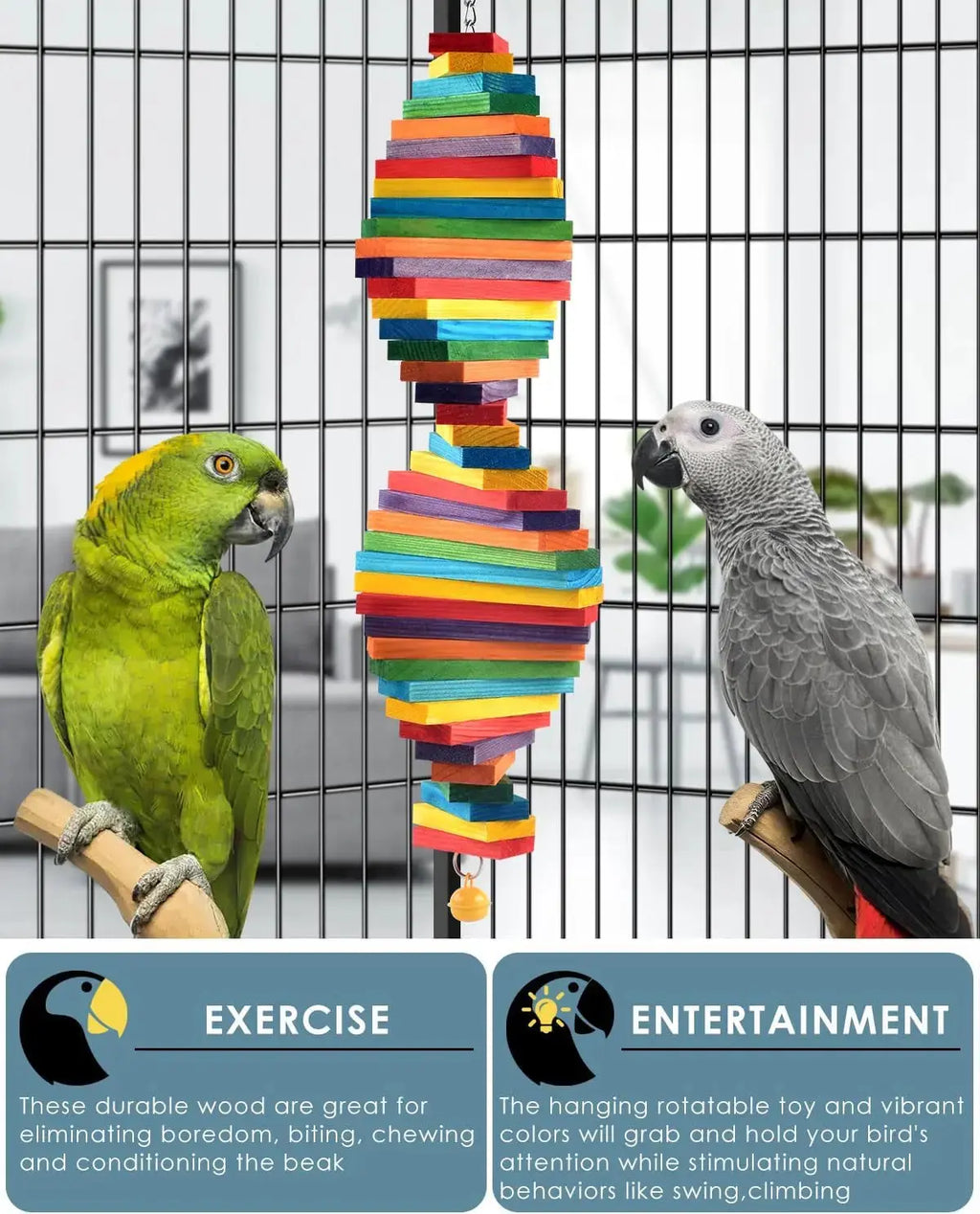 Bird Chew Toy with Wooden Blocks, Hanging Parrot Toy for Medium to Large Birds by Wags & Whiskers Pet Supply