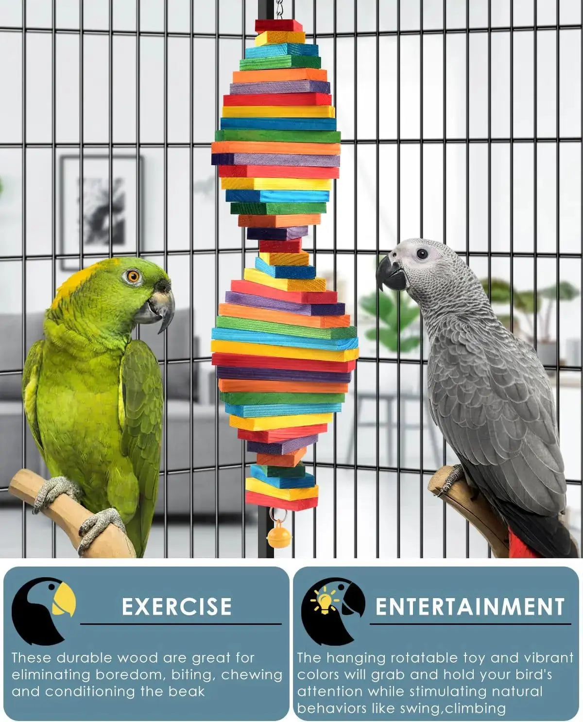 Bird Chew Toy with Wooden Blocks, Hanging Parrot Toy for Medium to Large Birds by Wags & Whiskers Pet Supply