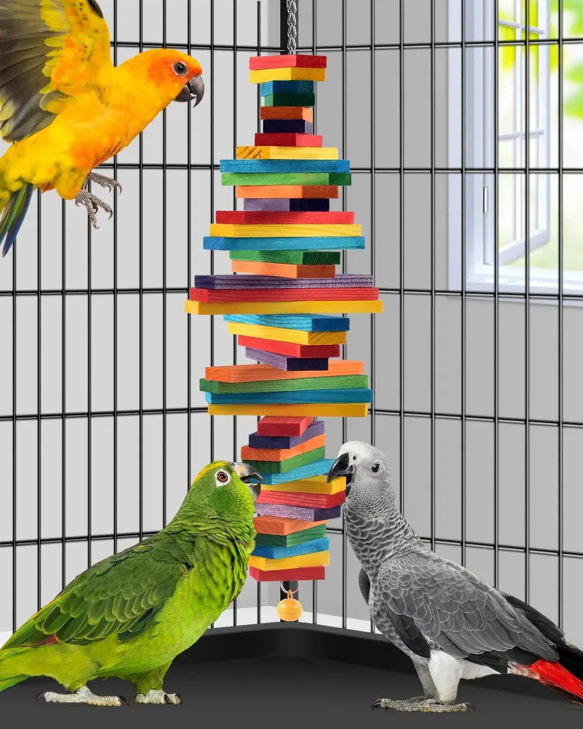 Bird Chew Toy with Wooden Blocks, Hanging Parrot Toy for Medium to Large Birds by Wags & Whiskers Pet Supply