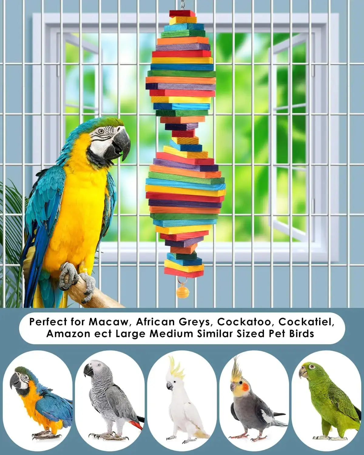 Bird Chew Toy with Wooden Blocks, Hanging Parrot Toy for Medium to Large Birds by Wags & Whiskers Pet Supply