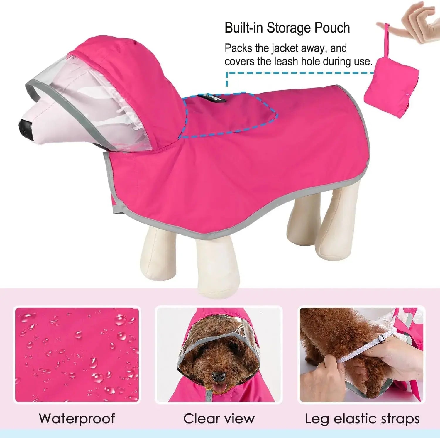 Dog Raincoat with Clear Hood Reflective Trim Adjustable XS–3XL in 3 colors Wags & Whiskers Pet Supply