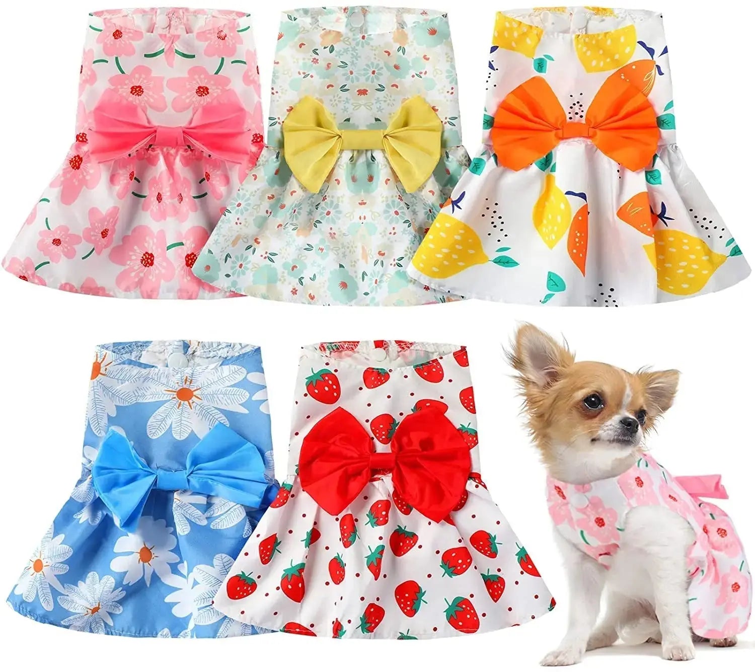 Floral Dog Dress Set Bow Summer Puppy Skirt Outfit Small Dogs Cats 5 Pack Wags & Whiskers Pet Supply