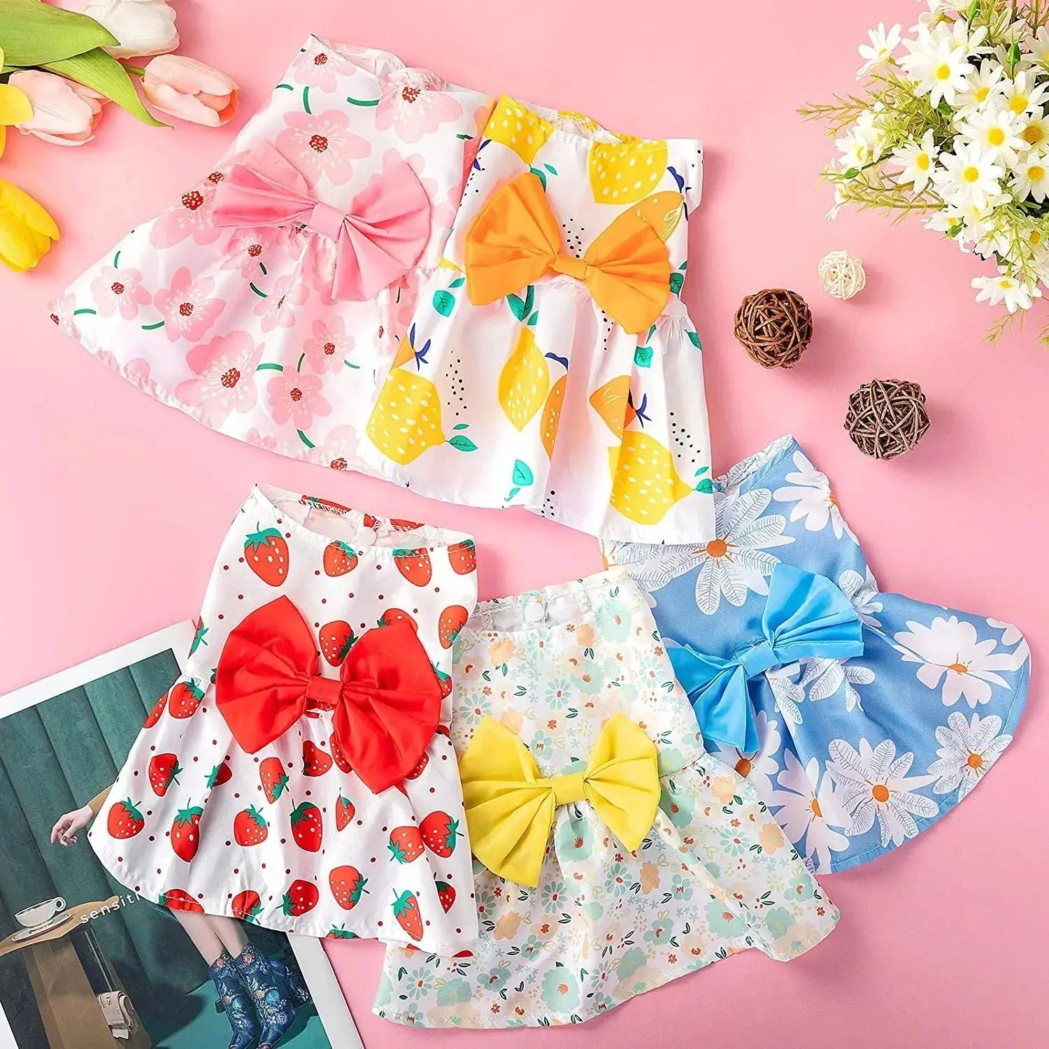 Floral Dog Dress Set Bow Summer Puppy Skirt Outfit Small Dogs Cats 5 Pack Wags & Whiskers Pet Supply