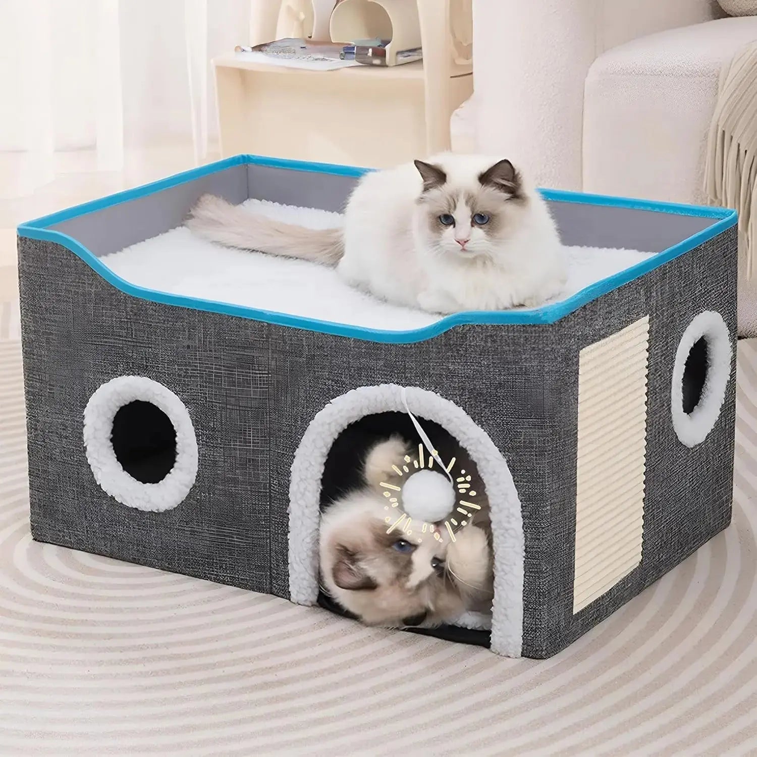 Indoor Cat House Cube with Bed, Scratch Pad & Toy Ball, Foldable Condo Wags & Whiskers Pet Supply