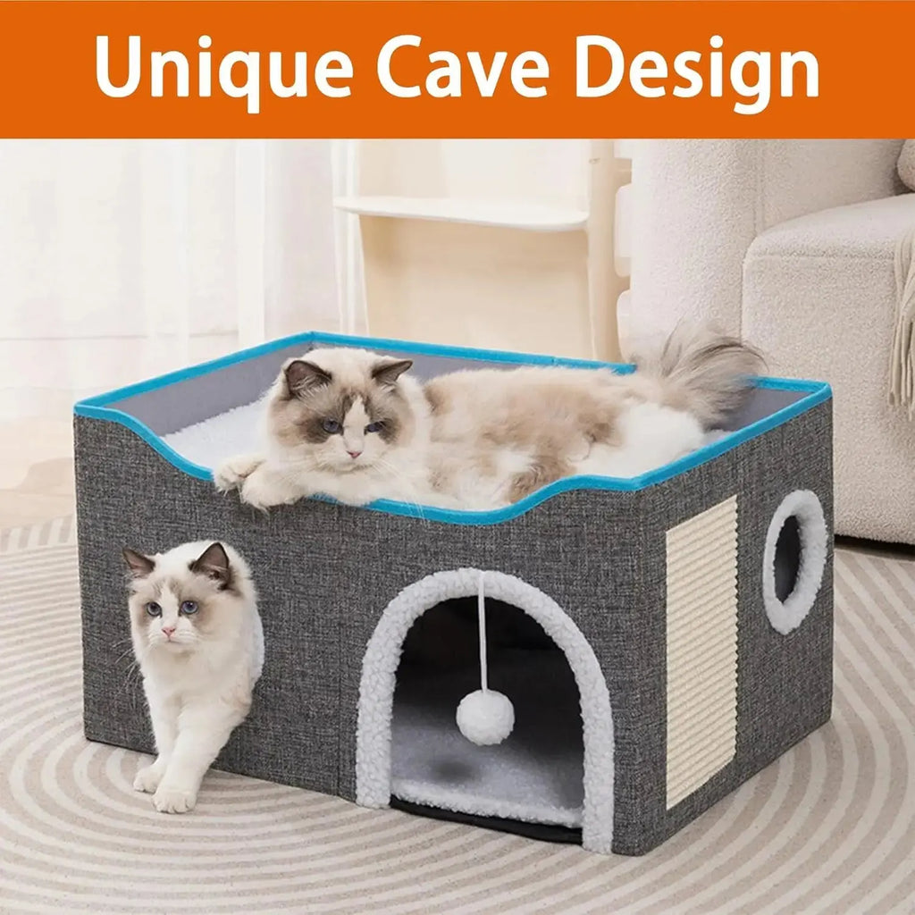 Indoor Cat House Cube with Bed, Scratch Pad & Toy Ball, Foldable Condo Wags & Whiskers Pet Supply