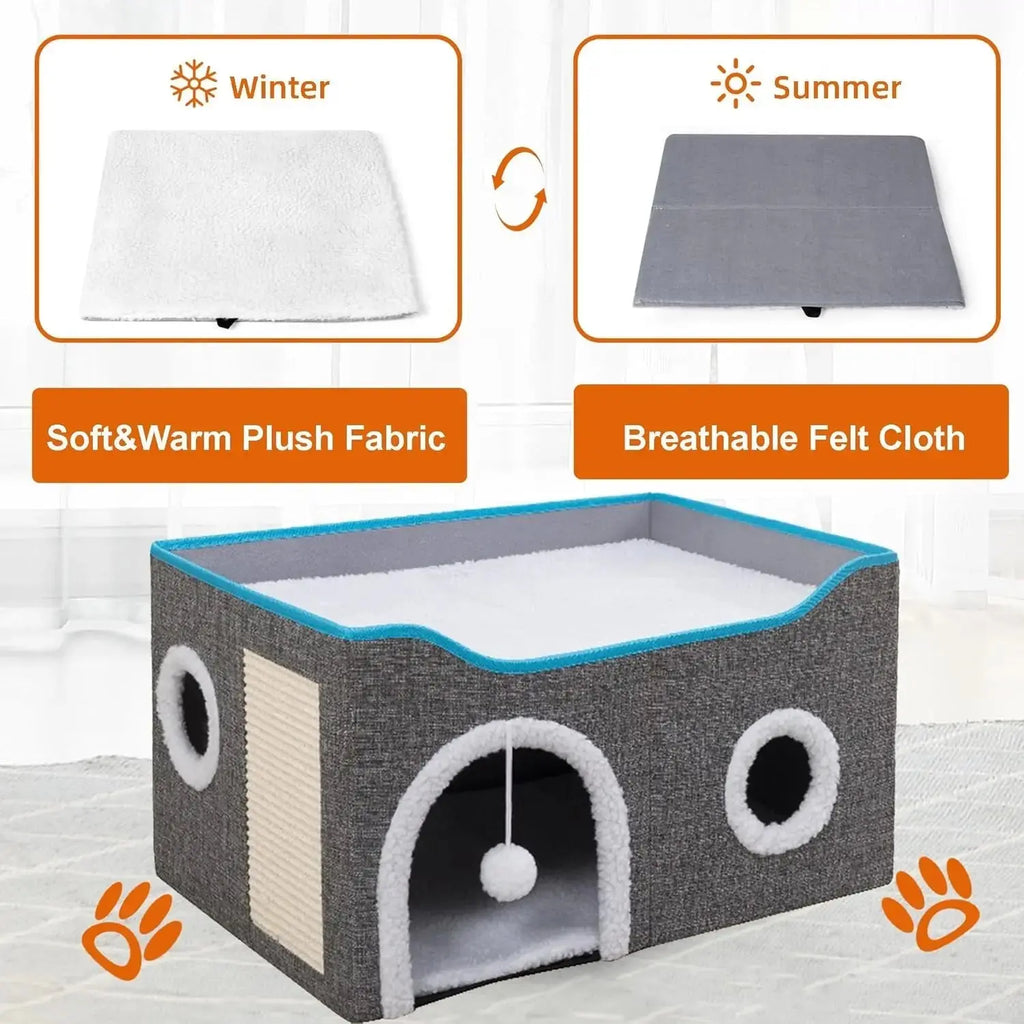 Indoor Cat House Cube with Bed, Scratch Pad & Toy Ball, Foldable Condo Wags & Whiskers Pet Supply