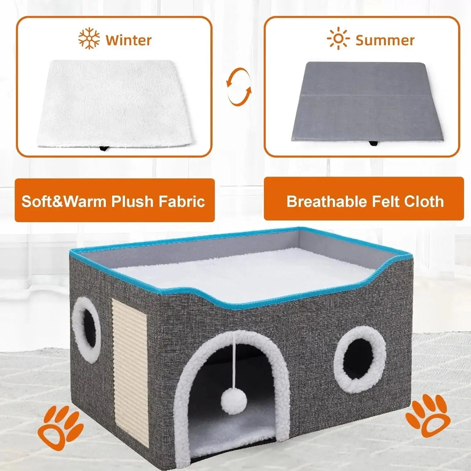 Indoor Cat House Cube with Bed, Scratch Pad & Toy Ball, Foldable Condo Wags & Whiskers Pet Supply