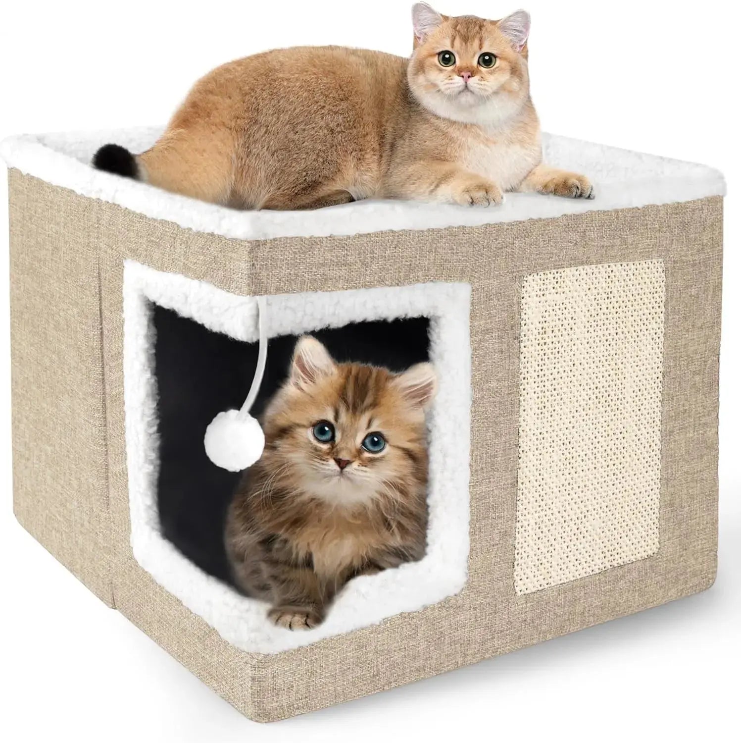 Indoor Cat House Cube with Bed, Scratch Pad & Toy Ball, Foldable Condo Wags & Whiskers Pet Supply