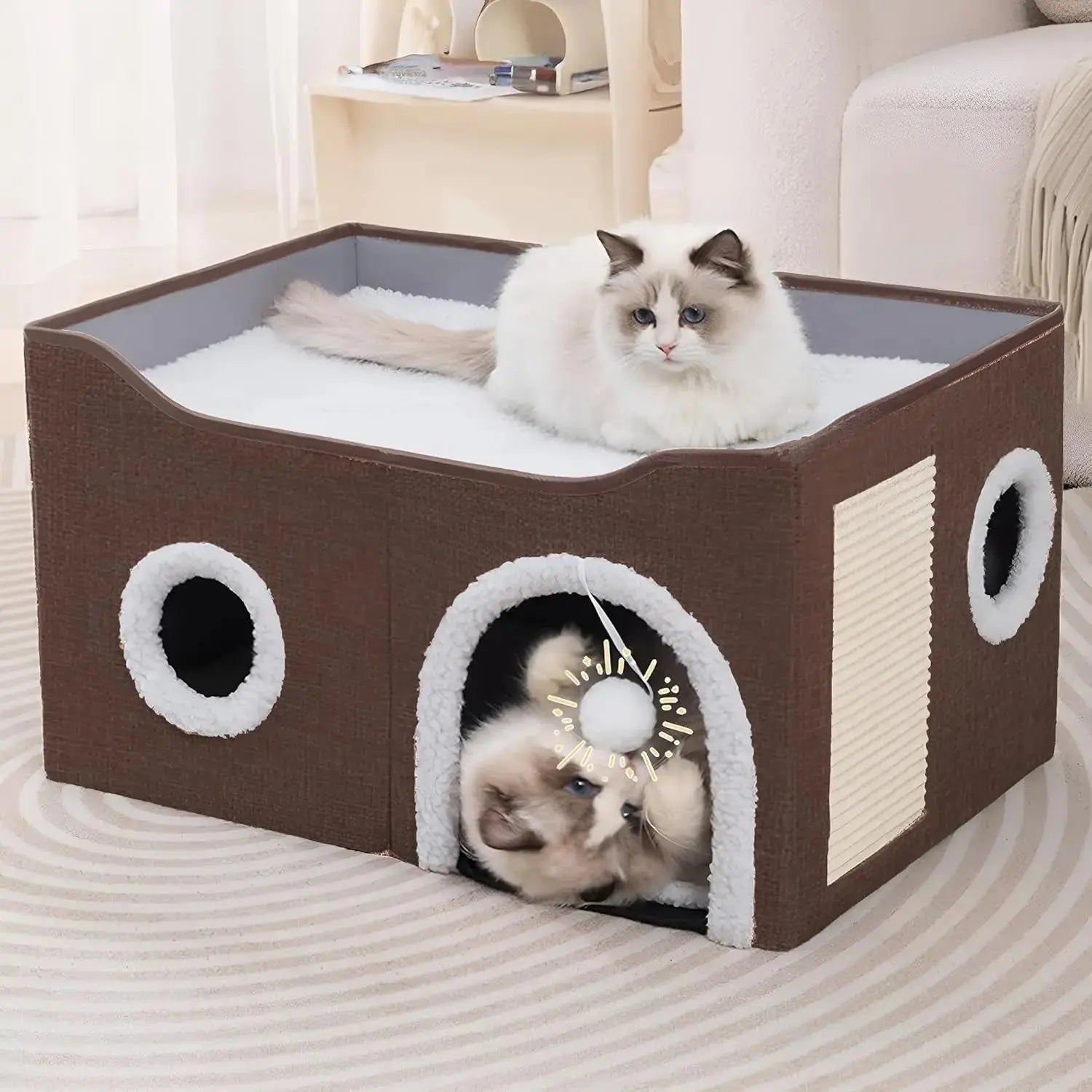 Indoor Cat House Cube with Bed, Scratch Pad & Toy Ball, Foldable Condo Wags & Whiskers Pet Supply