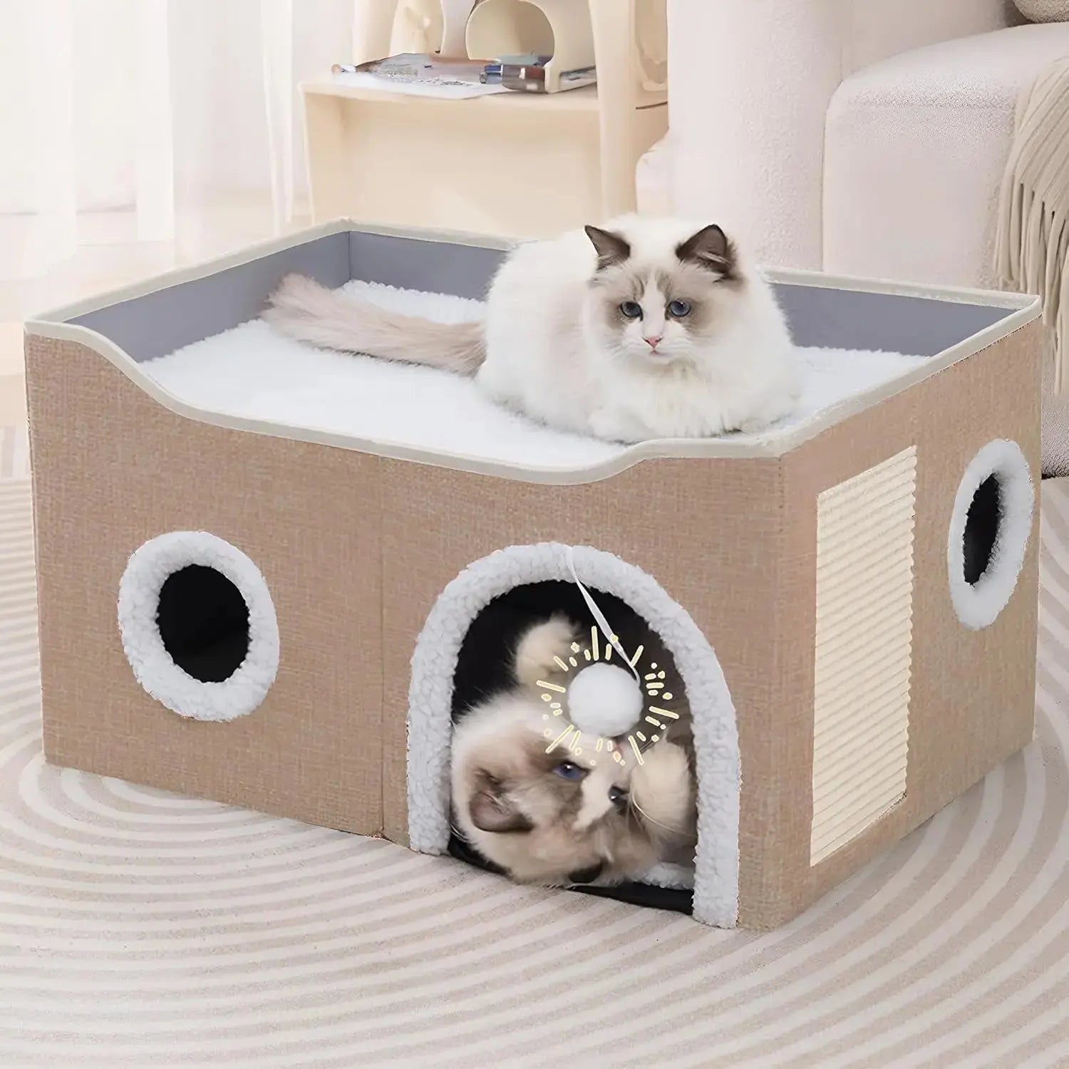 Indoor Cat House Cube with Bed, Scratch Pad & Toy Ball, Foldable Condo Wags & Whiskers Pet Supply