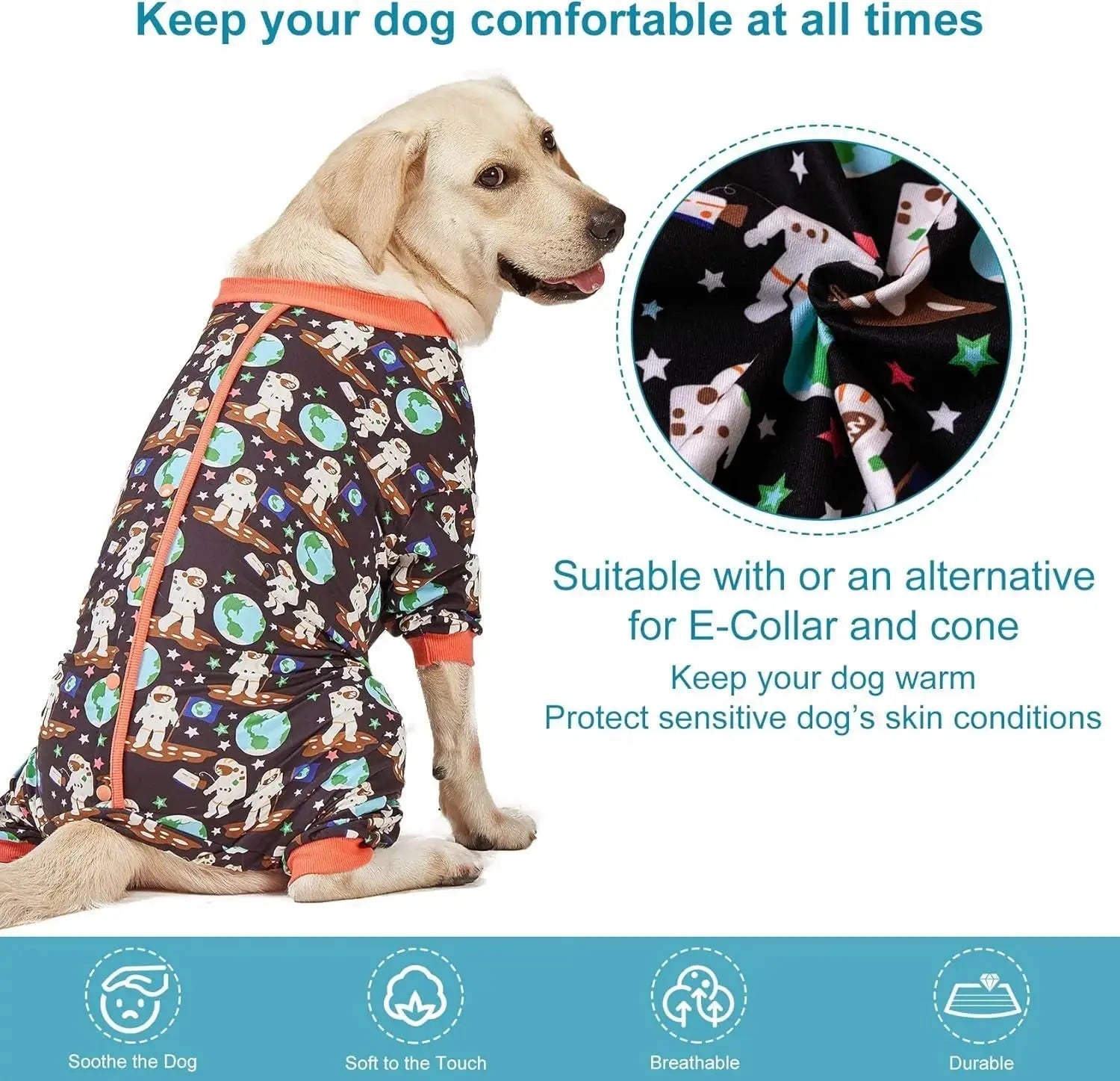 Large Dog Pajamas Space Astronaut Print Recovery Shirt UV Pullover Wags & Whiskers Pet Supply