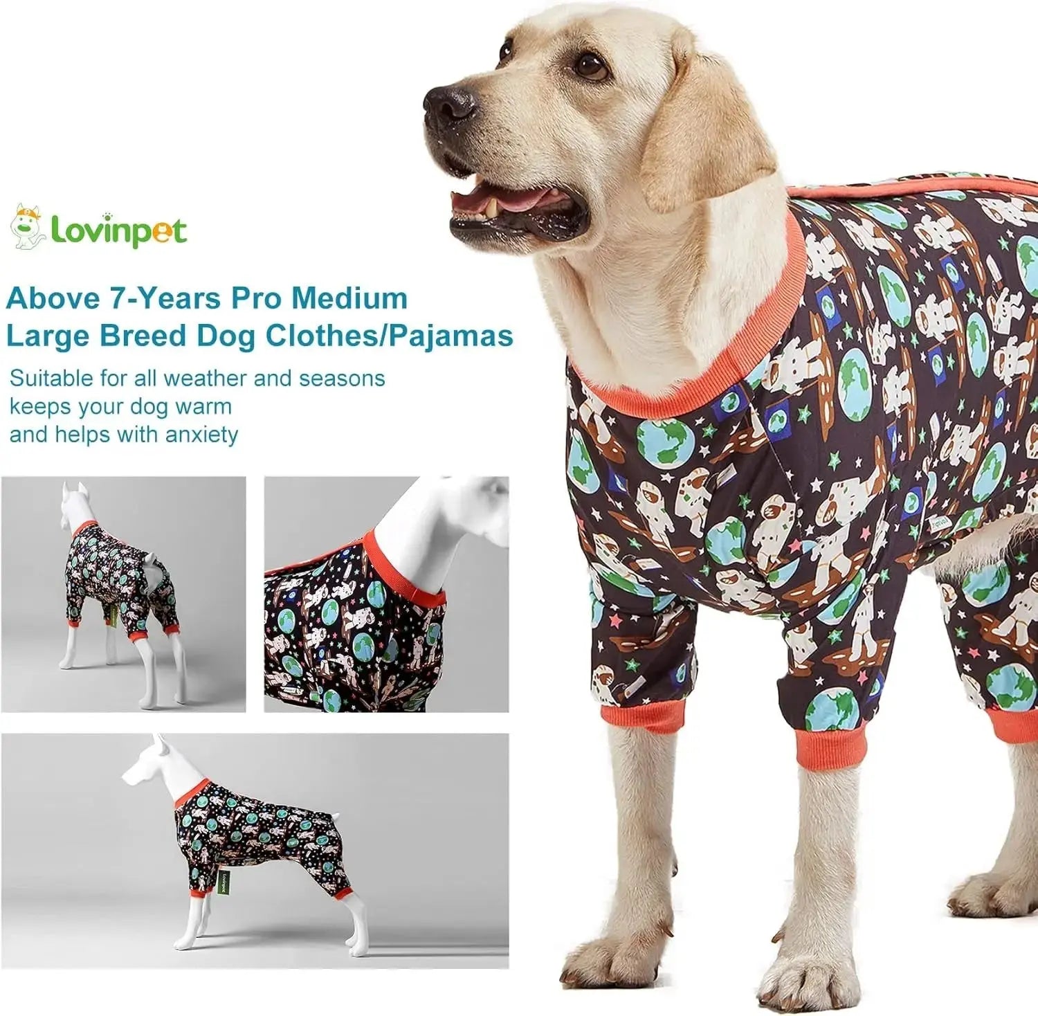 Large Dog Pajamas Space Astronaut Print Recovery Shirt UV Pullover Wags & Whiskers Pet Supply