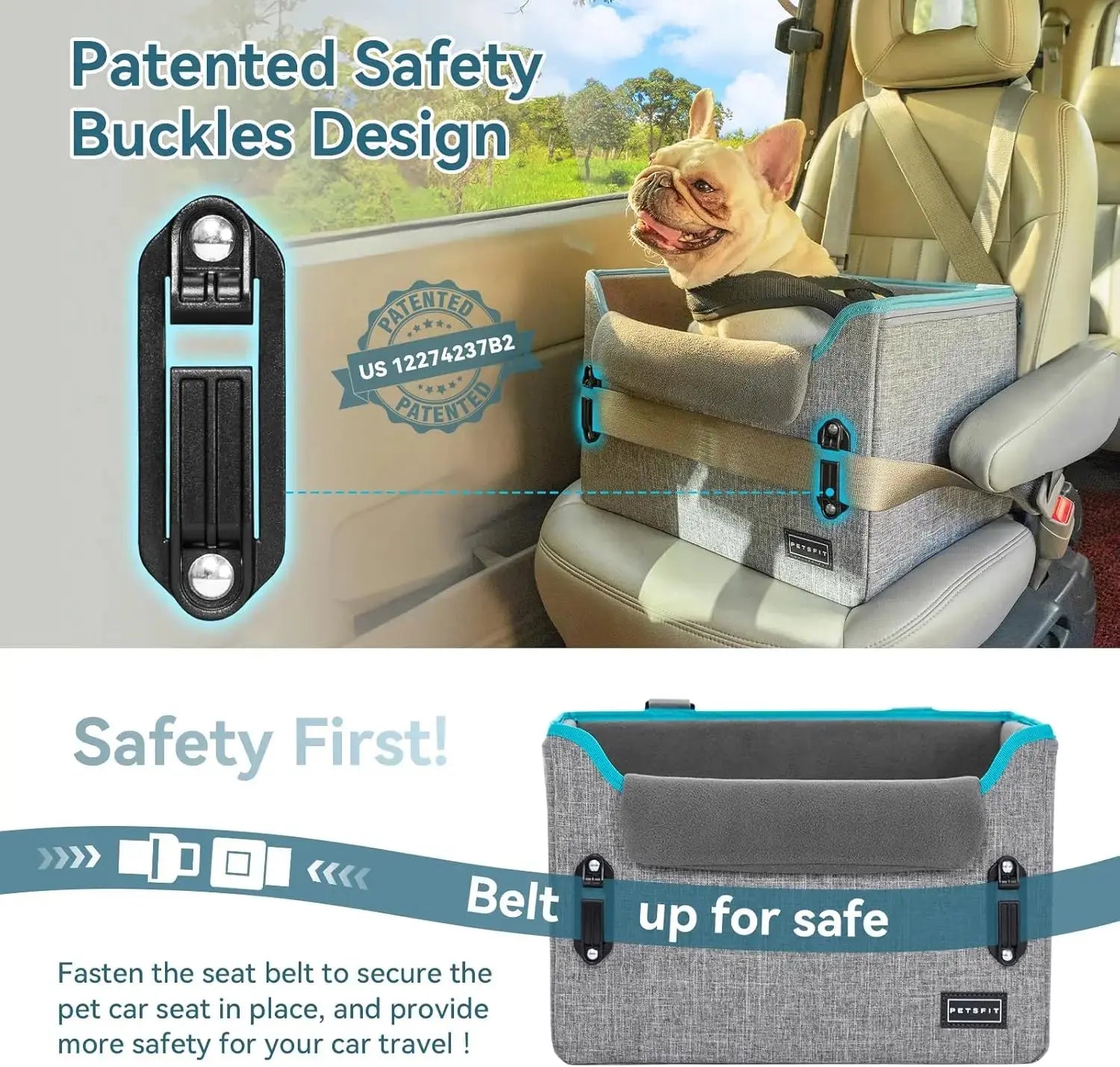 PETSFIT Small Dog Booster Car Seat with Safety Buckles & Tether, Foldable Wags & Whiskers Pet Supply