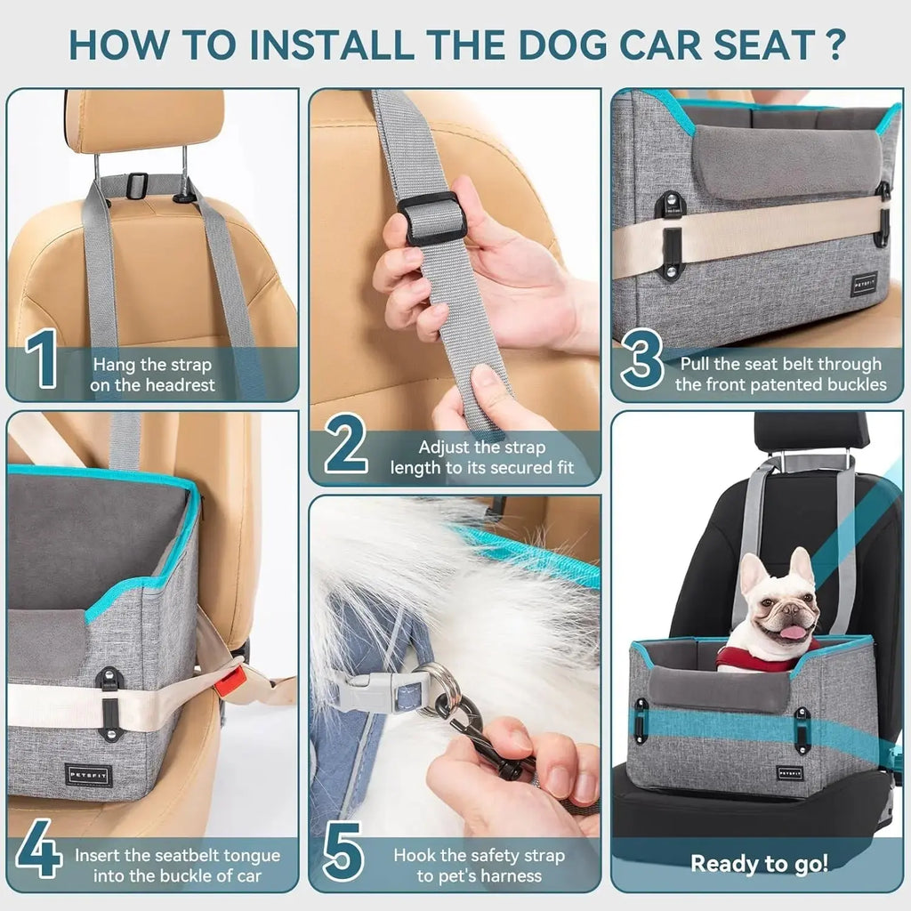 PETSFIT Small Dog Booster Car Seat with Safety Buckles & Tether, Foldable Wags & Whiskers Pet Supply