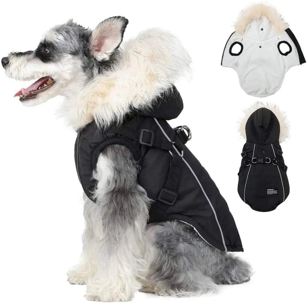 Waterproof Dog Coat Jacket with Faux Fur Hood & Reflective Strap Wags & Whiskers Pet Supply