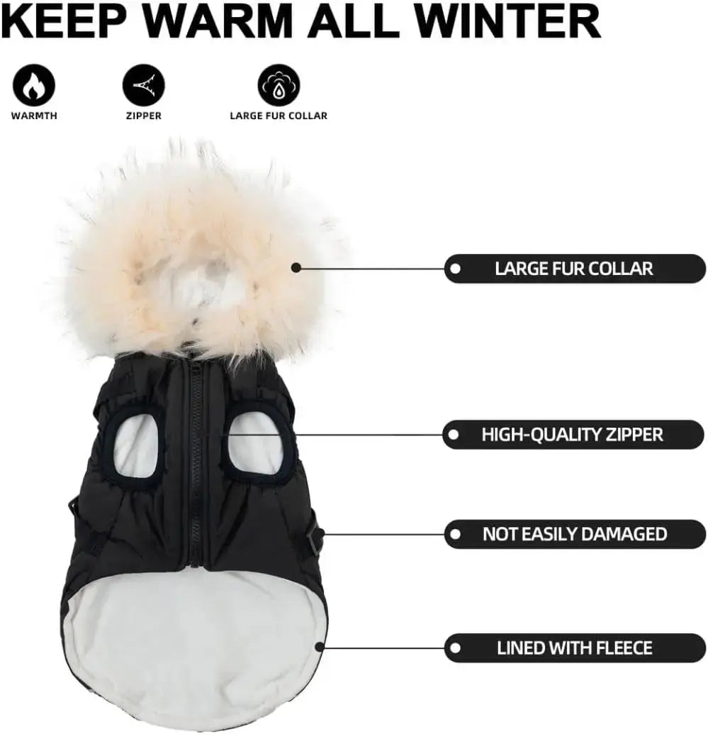 Waterproof Dog Coat Jacket with Faux Fur Hood & Reflective Strap Wags & Whiskers Pet Supply