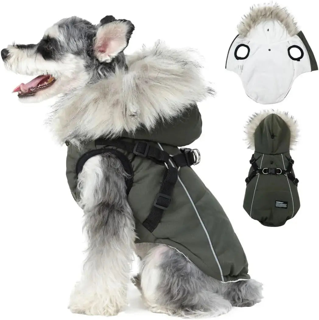 Waterproof Dog Coat Jacket with Faux Fur Hood & Reflective Strap Wags & Whiskers Pet Supply