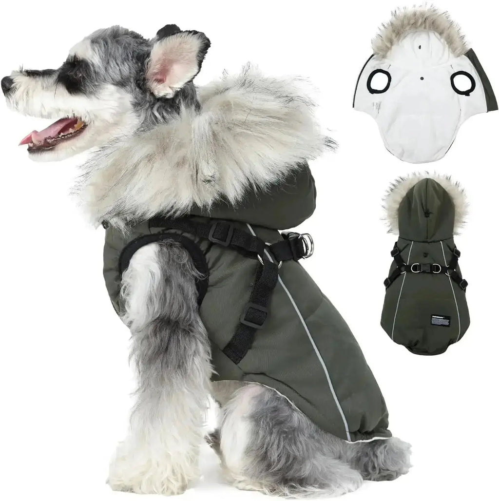 Waterproof Dog Coat Jacket with Faux Fur Hood & Reflective Strap by Wags & Whiskers Pet Supply