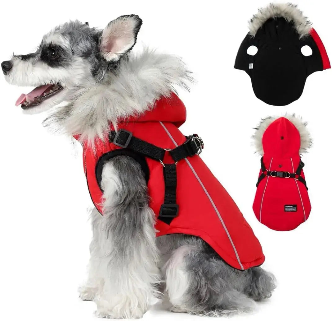 Waterproof Dog Coat Jacket with Faux Fur Hood & Reflective Strap Wags & Whiskers Pet Supply