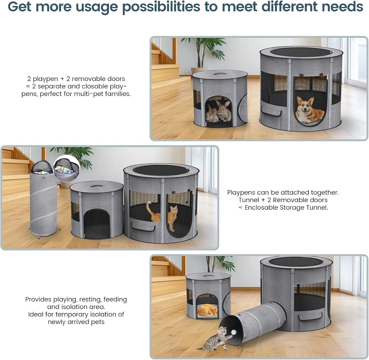 Portable Pet Playpen with Tunnel Foldable 3-in-1 Indoor Outdoor Small Pet & Cats Wags & Whiskers Pet Supply