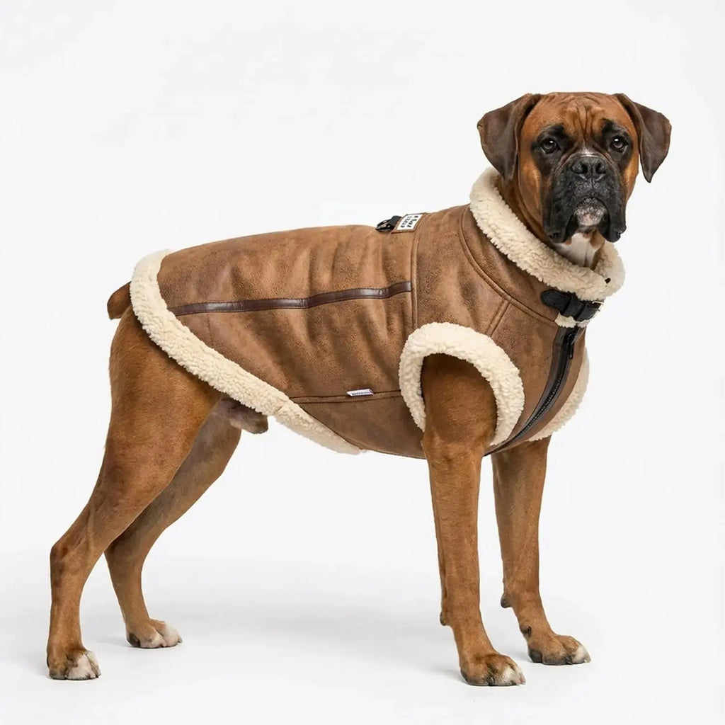 Retro Aviator Dog Jacket Faux Leather Sherpa Coat XS-3XL Winter Wags & Whiskers Pet Supply