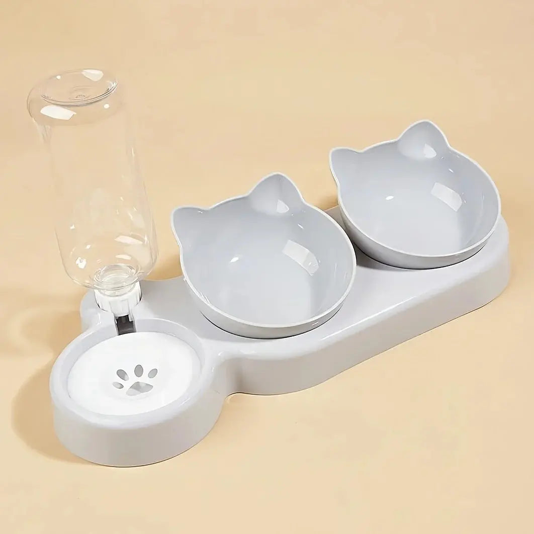 Pet Bowls With Water Feeder, 3 In 1 Ear Design Tilted Cat Water And Food Bowl Set With Gravity Water Bottle For Neck Protection