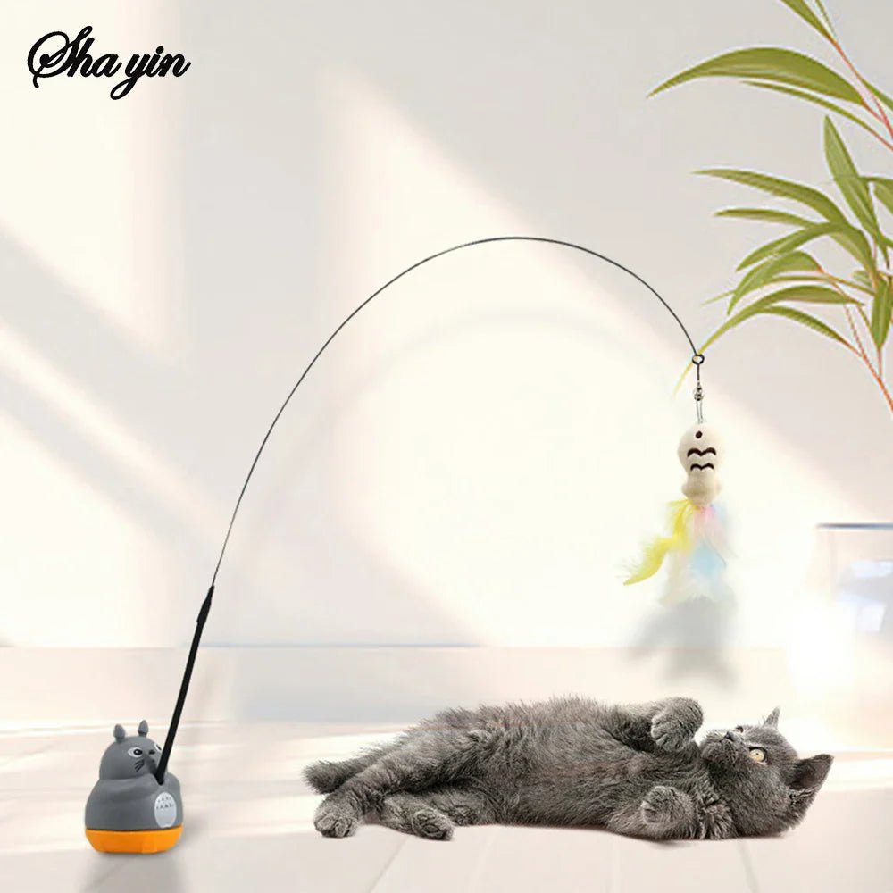 1PC Small Cat Fishing Wand, 360-Degree Rotating Cat Teaser Stick with Feathers, Bells, and Steel Wire - FurrBaby Necessities