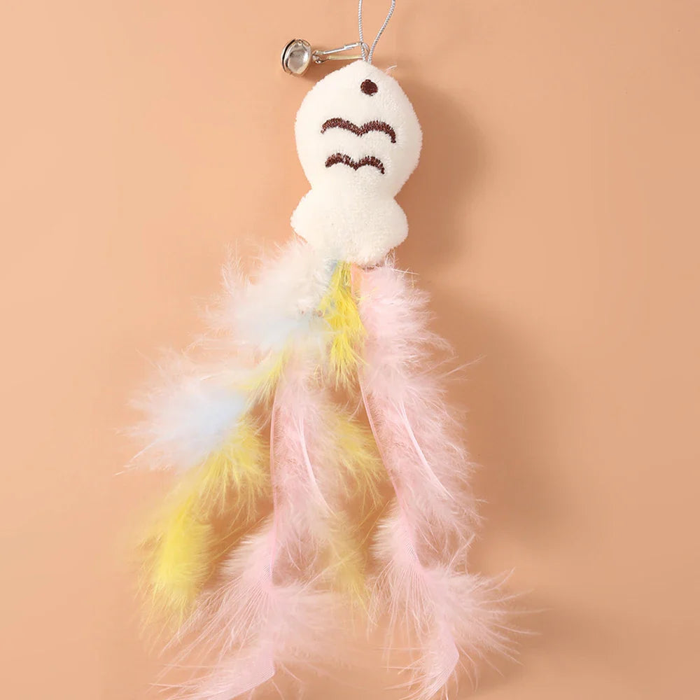 1PC Small Cat Fishing Wand, 360-Degree Rotating Cat Teaser Stick with Feathers, Bells, and Steel Wire - FurrBaby Necessities