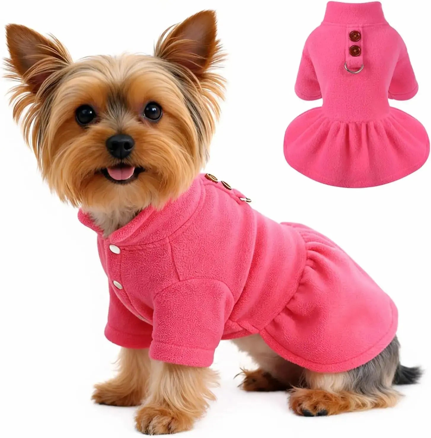 Small Dog Fleece Sweater Dress with Skirt & D-Ring Winter Puppy Outfit Wags & Whiskers Pet Supply