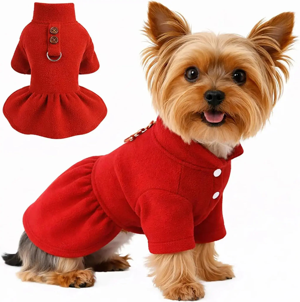Small Dog Fleece Sweater Dress with Skirt & D-Ring Winter Puppy Outfit Wags & Whiskers Pet Supply