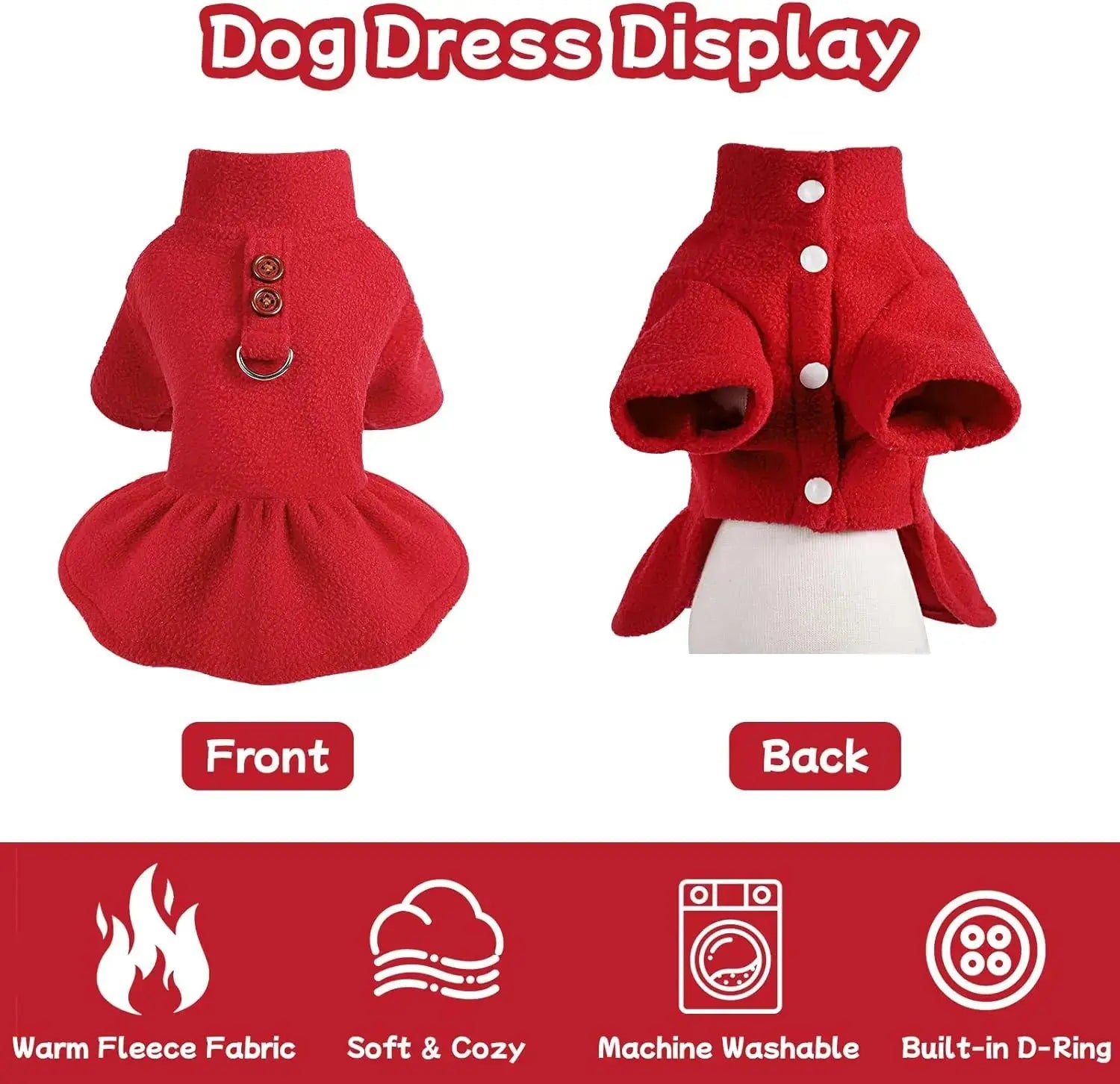 Small Dog Fleece Sweater Dress with Skirt & D-Ring Winter Puppy Outfit Wags & Whiskers Pet Supply