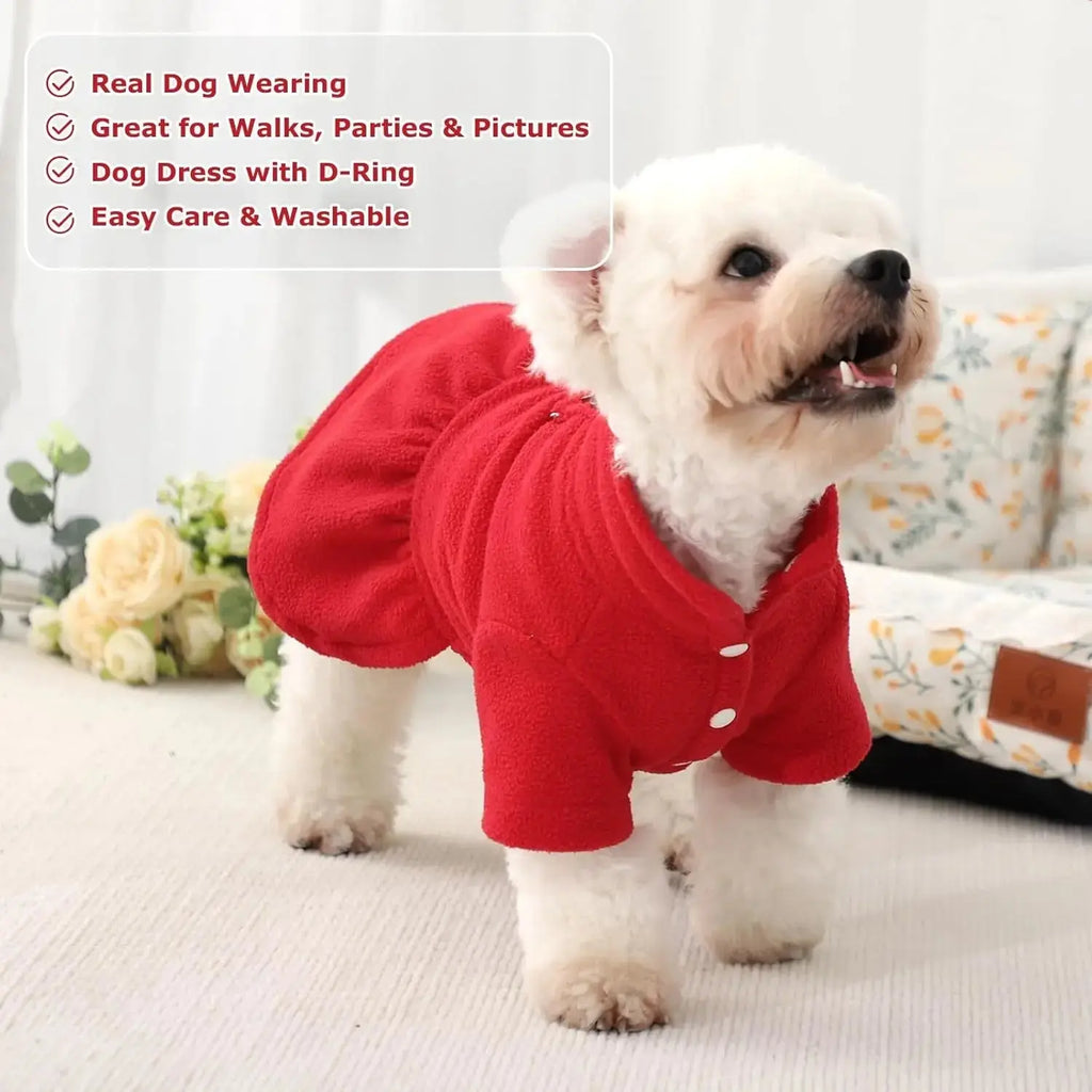 Small Dog Fleece Sweater Dress with Skirt & D-Ring Winter Puppy Outfit Wags & Whiskers Pet Supply
