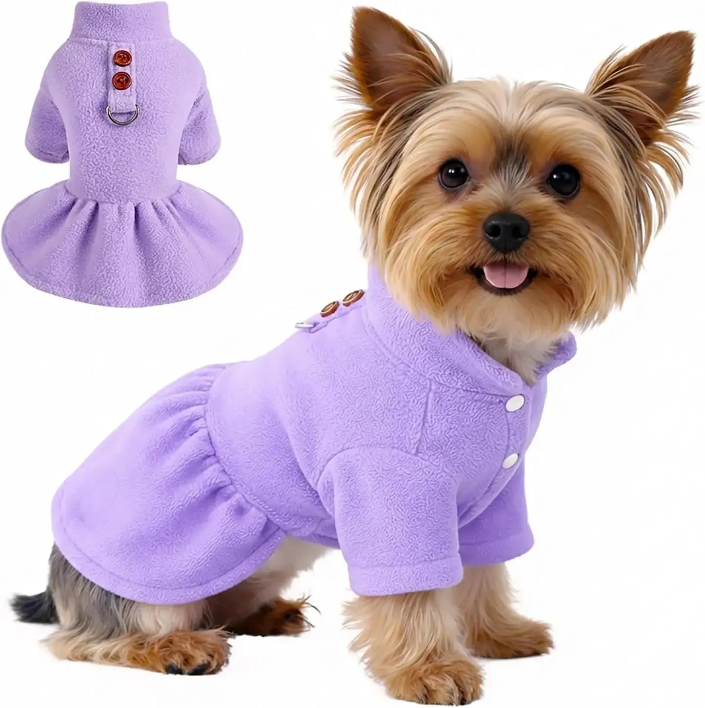 Small Dog Fleece Sweater Dress with Skirt & D-Ring Winter Puppy Outfit Wags & Whiskers Pet Supply