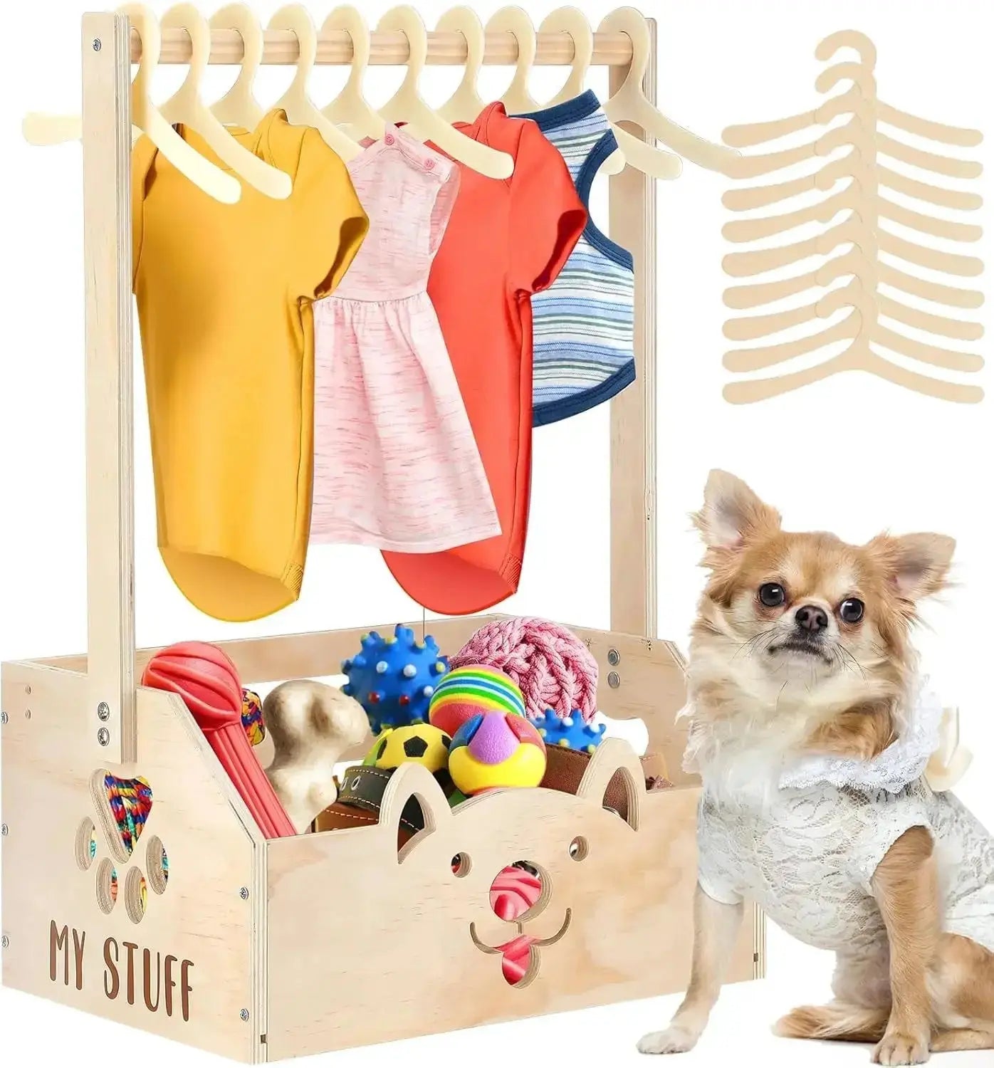 Dog Storage Organizer Wooden Closet Toy Bin Clothes Rack Hangers Pink/White by Wags & Whiskers Pet Supply