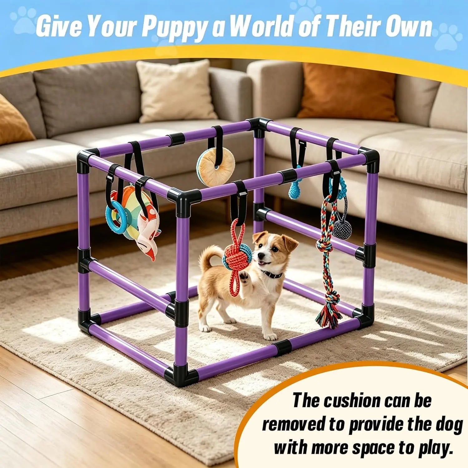Indoor Puppy Play Gym with Hammock 8 Toys Dog Enrichment Activity Center Wags & Whiskers Pet Supply