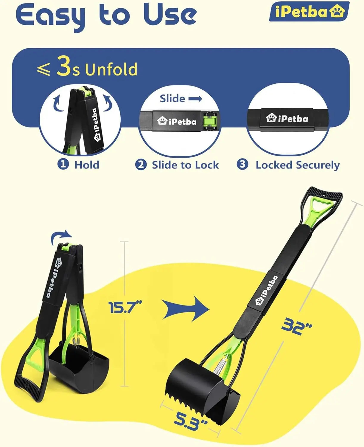 32 Inch Long Handle Pooper Scooper for Large Dogs Heavy Duty Foldable Wags & Whiskers Pet Supply