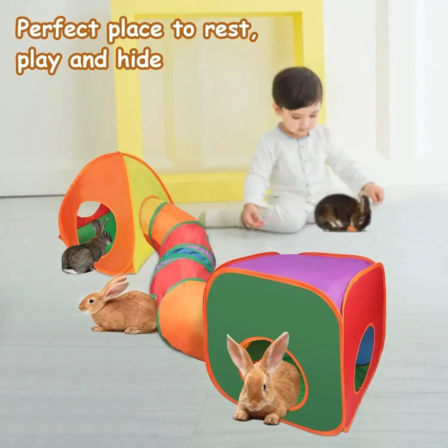Rabbit Tunnel Toy Collapsible Play Tube Cube Set for Small Pets by Wags & Whiskers Pet Supply