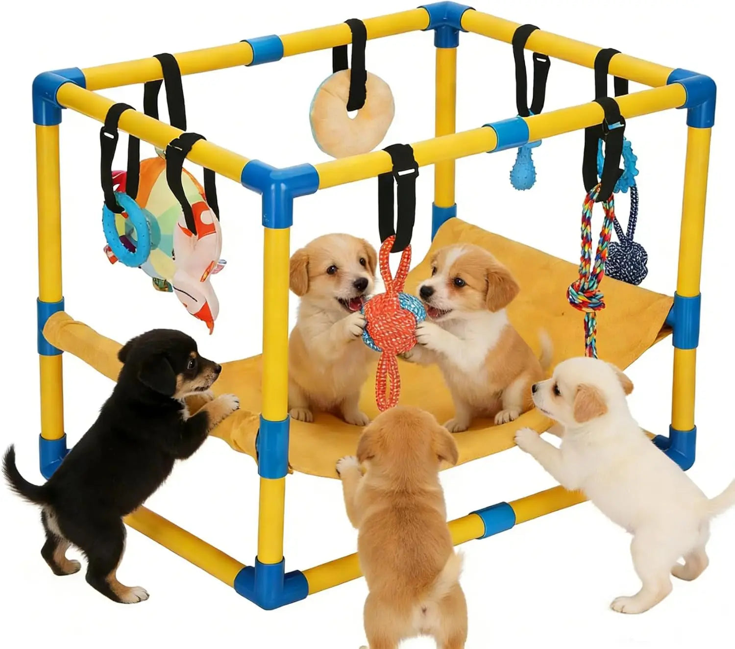Indoor Puppy Play Gym with Hammock 8 Toys Dog Enrichment Activity Center Wags & Whiskers Pet Supply